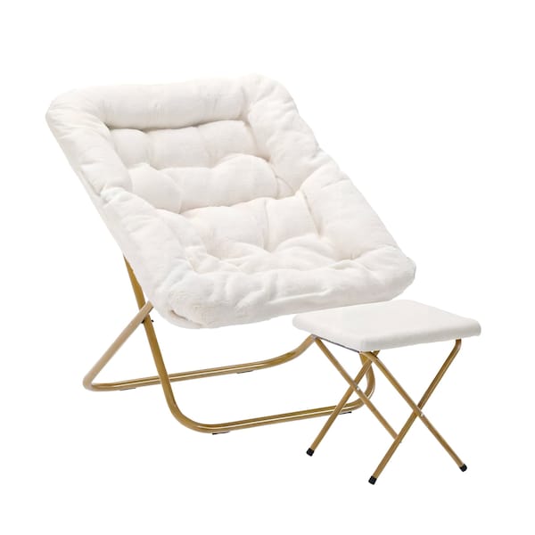 Flash Furniture Archer 28-in Oversized Folding Saucer Chair w/Folding Ottoman, Ivory Faux Shearling/Gold Frame FV-FSC-027-FR-IV-SGD-GG - main